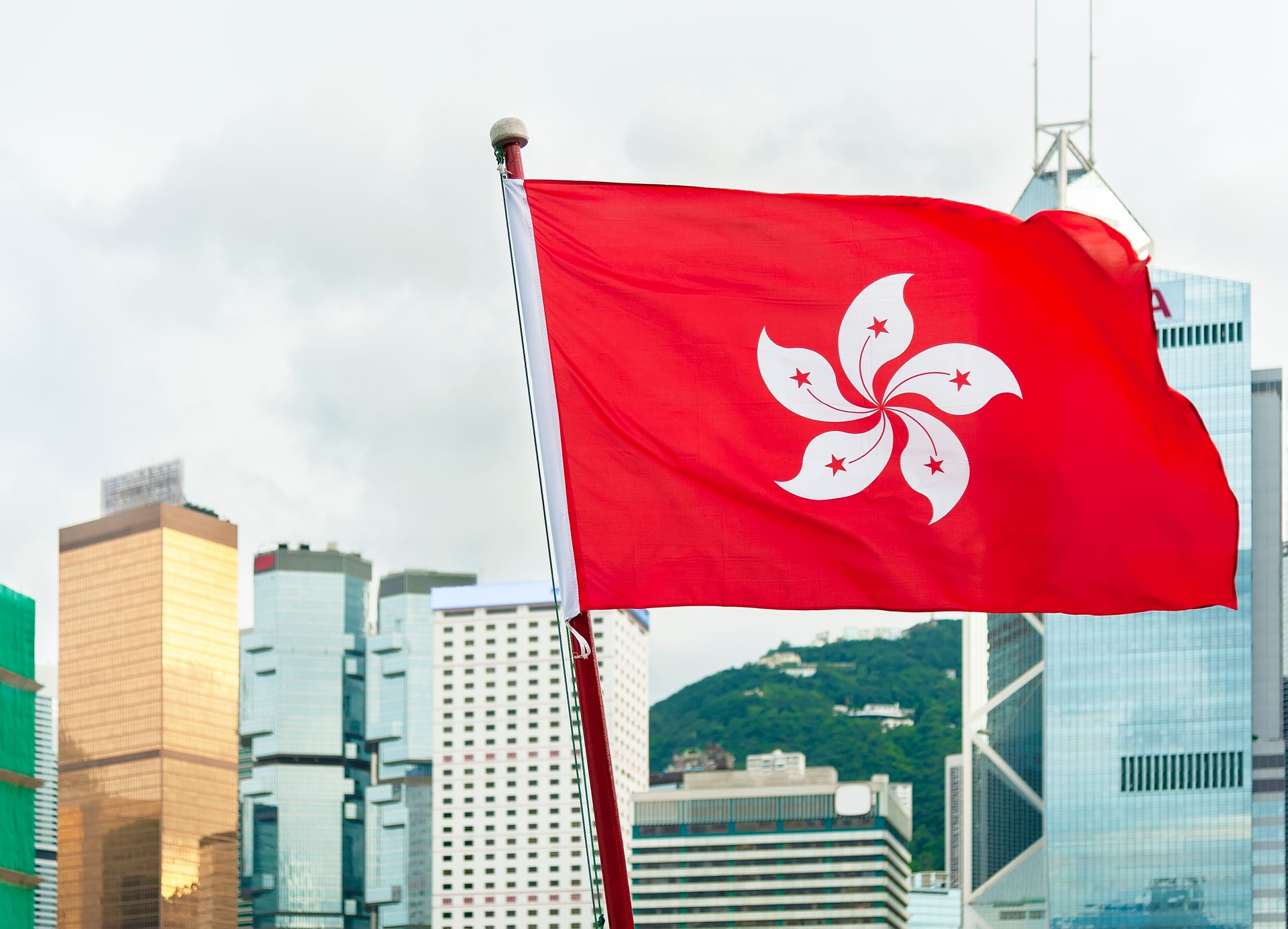 Hong Kong Flag with city skyline background